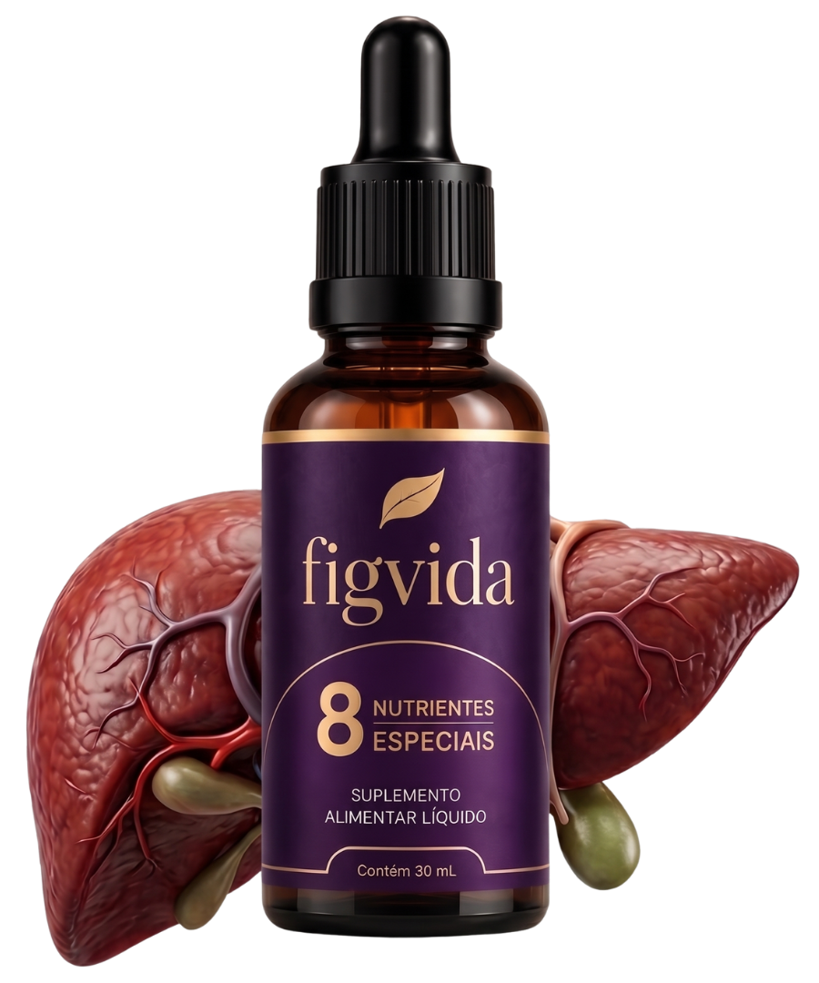 Frasco de Figvida, suplemento alimentar líquido de 30 mL, com ilustração de fígado ao fundo